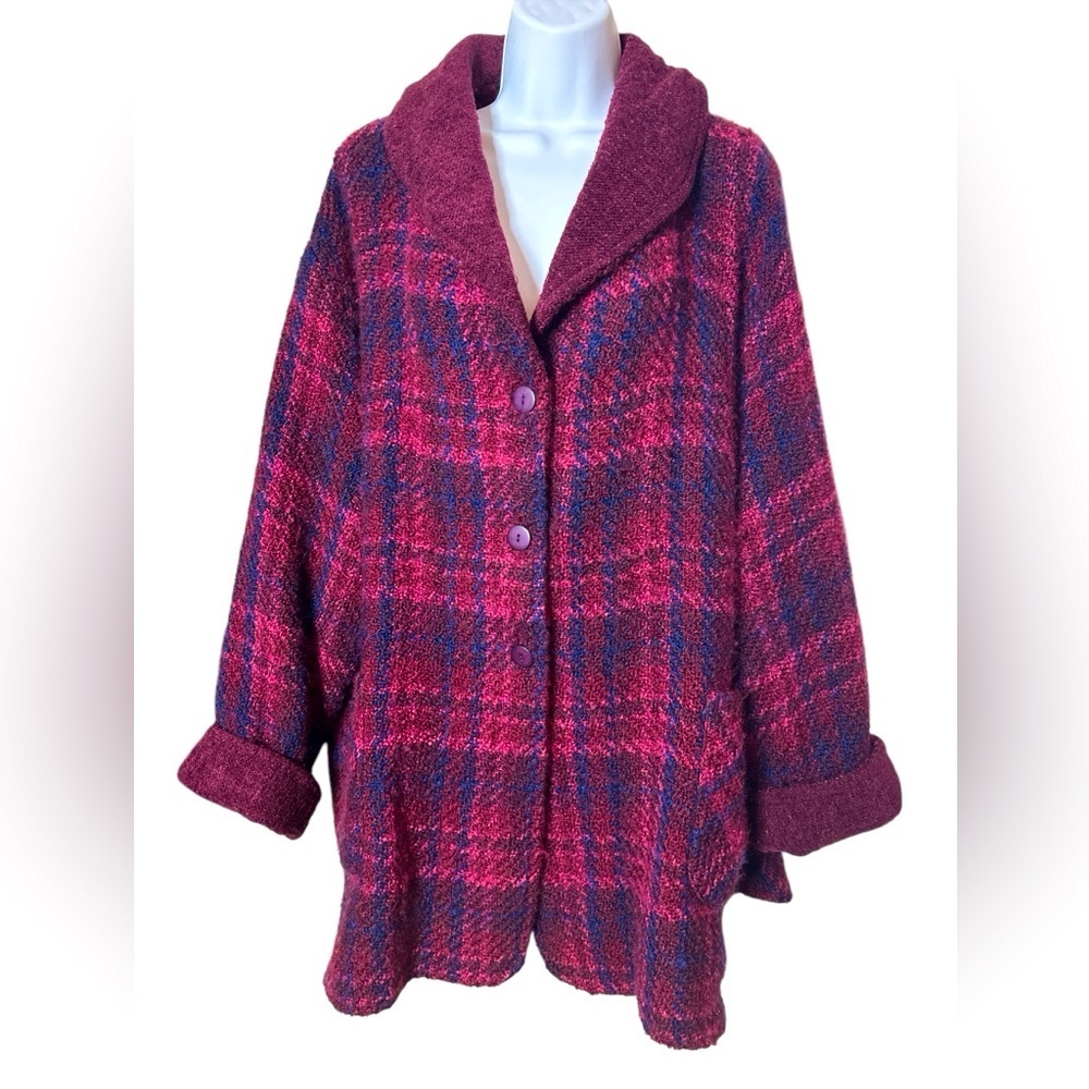 Plush Plaid Button-Front Cardigan Jacket in Berry Pink